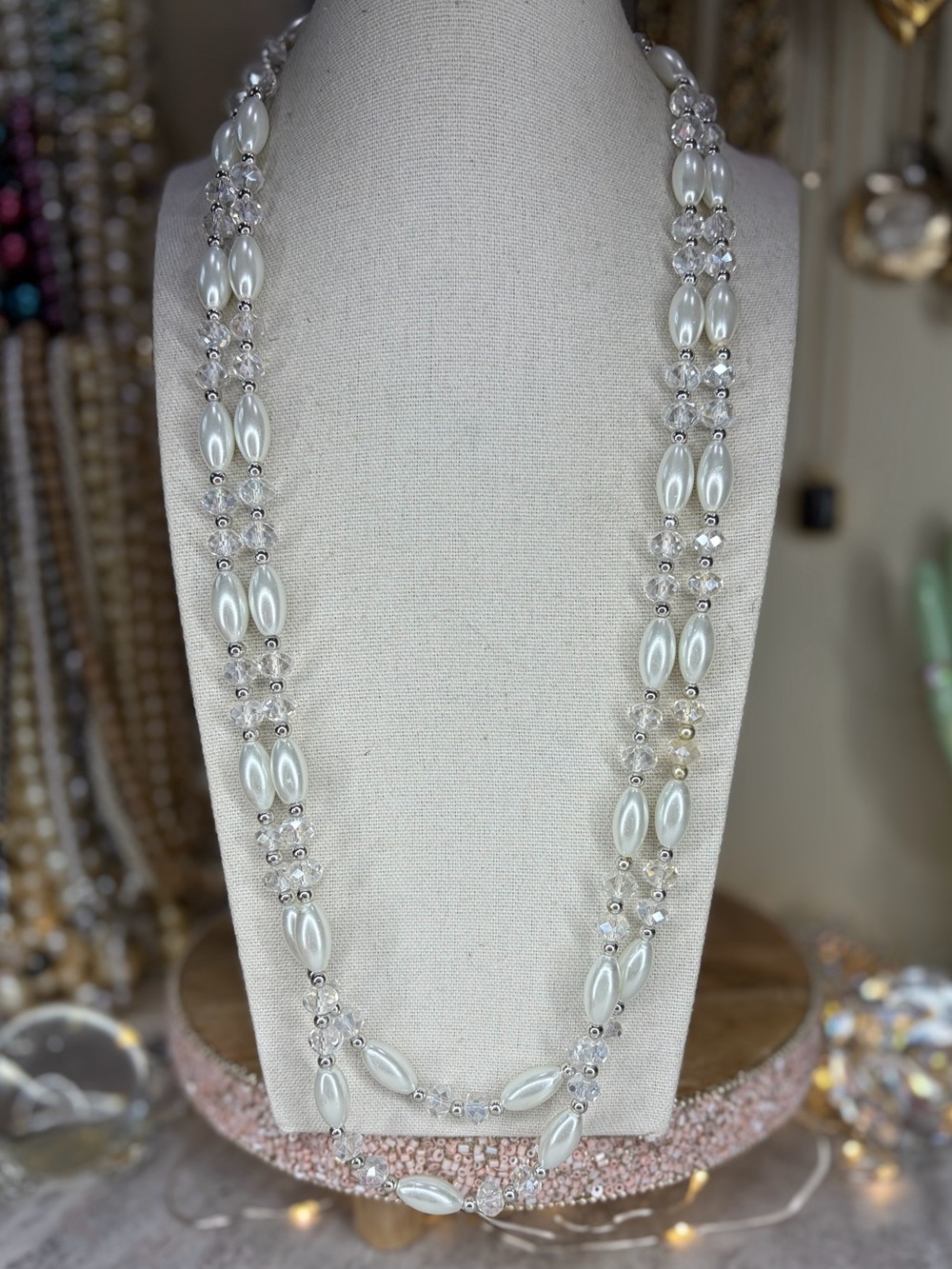 Long Glass Pearl And Crystal Necklace Classic Glam Jewelry